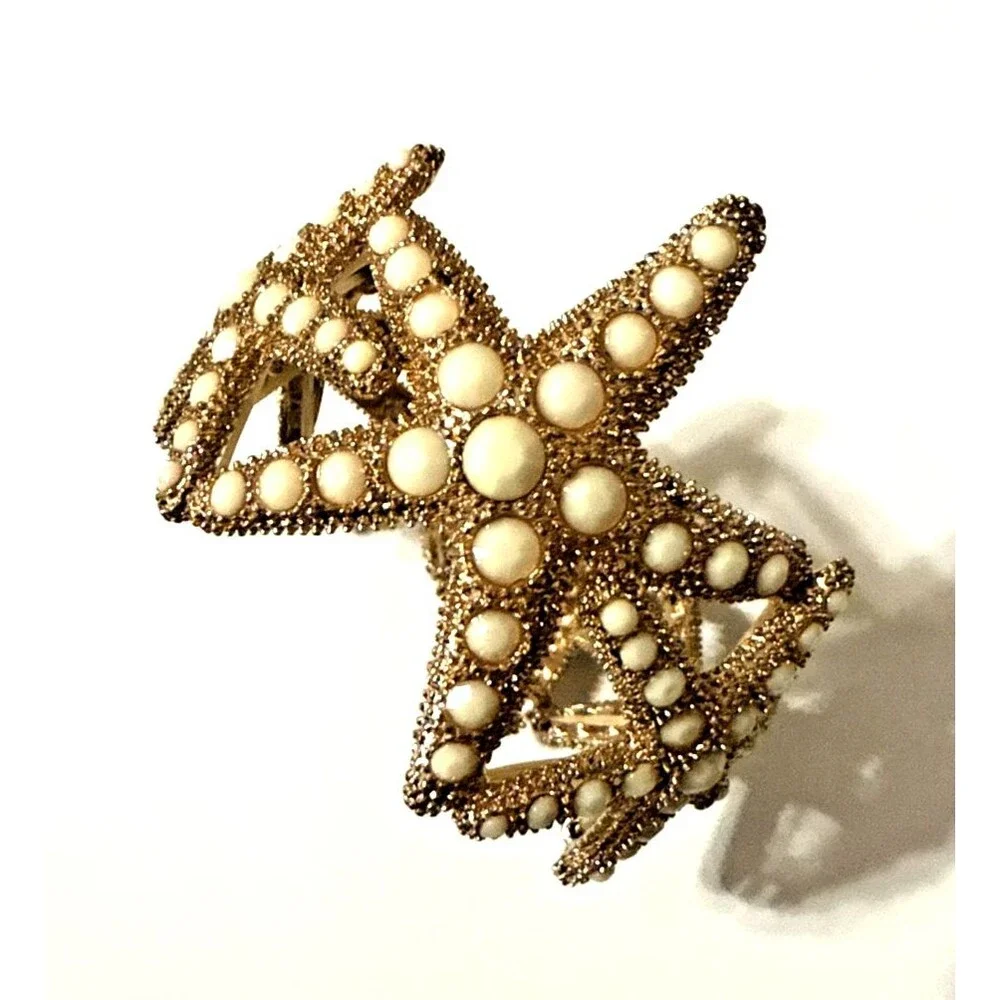 Starfish Bracelet White Rhinestone Gold Tone Beach Sea Life Statement Stretch